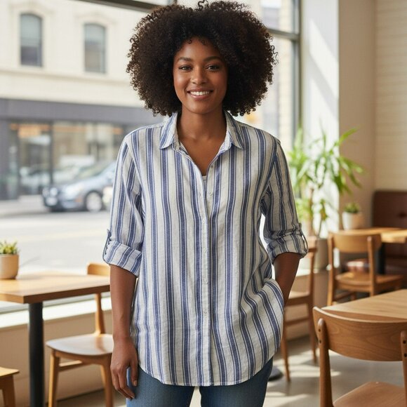 Tahari 1X White Blue Stripe 3/4 Sleeve Linen Button Up Tunic Blouse Top Shirt - Picture 1 of 9